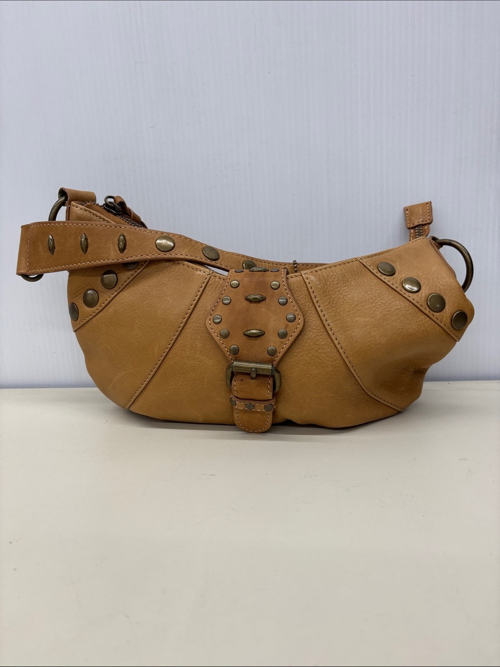 Tan Leather Shoulder Bag with Stud Detail